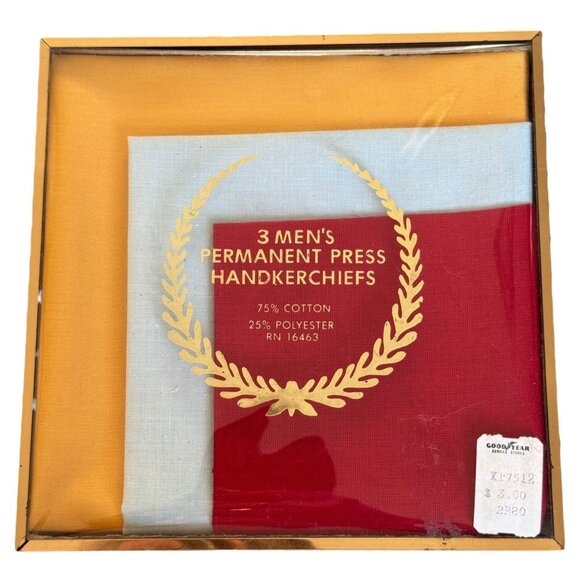 Mens Vintage Goodyear Handkerchiefs Set of 3 New Old Stock Permanent Press Blend - Picture 1 of 5